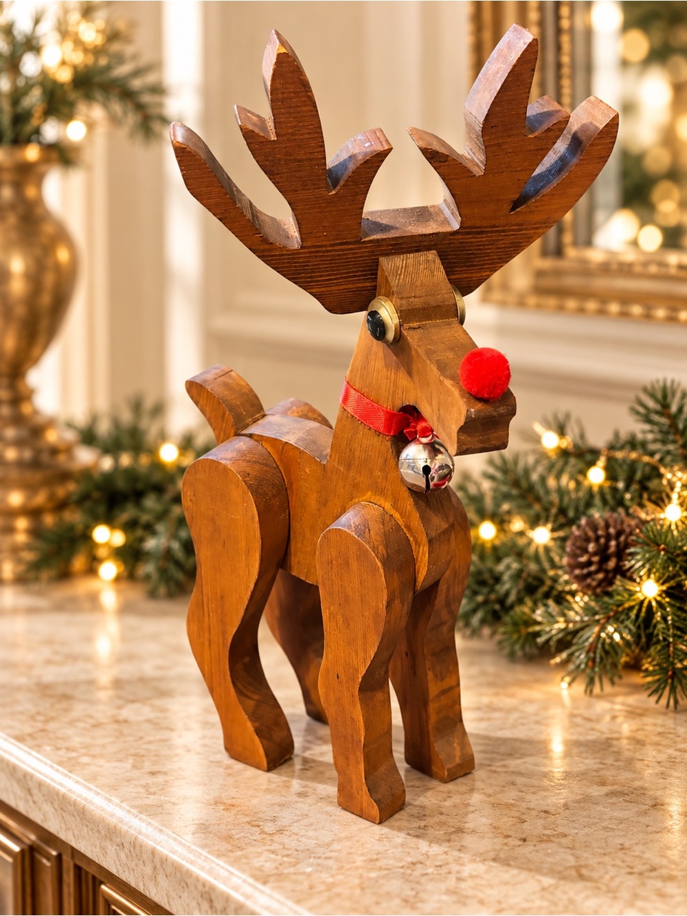 12” × 8” Wooden Rudolph Reindeer with Red Nose & Jingle Bell Christmas Decor